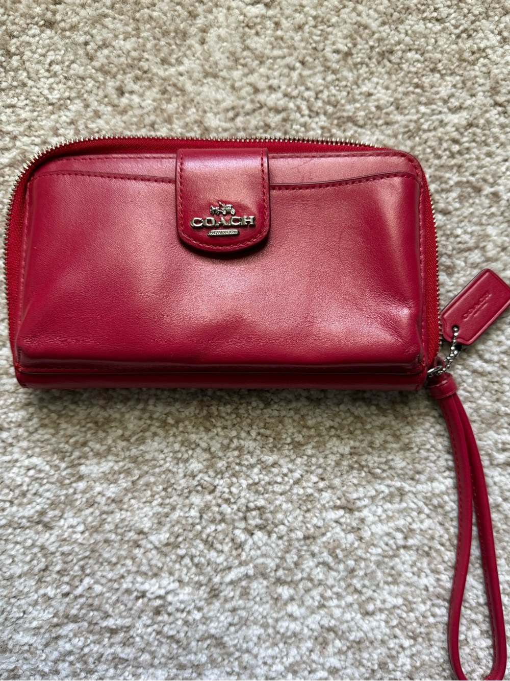 COACH Red Leather Zip-Around Wristlet with Logo Tab